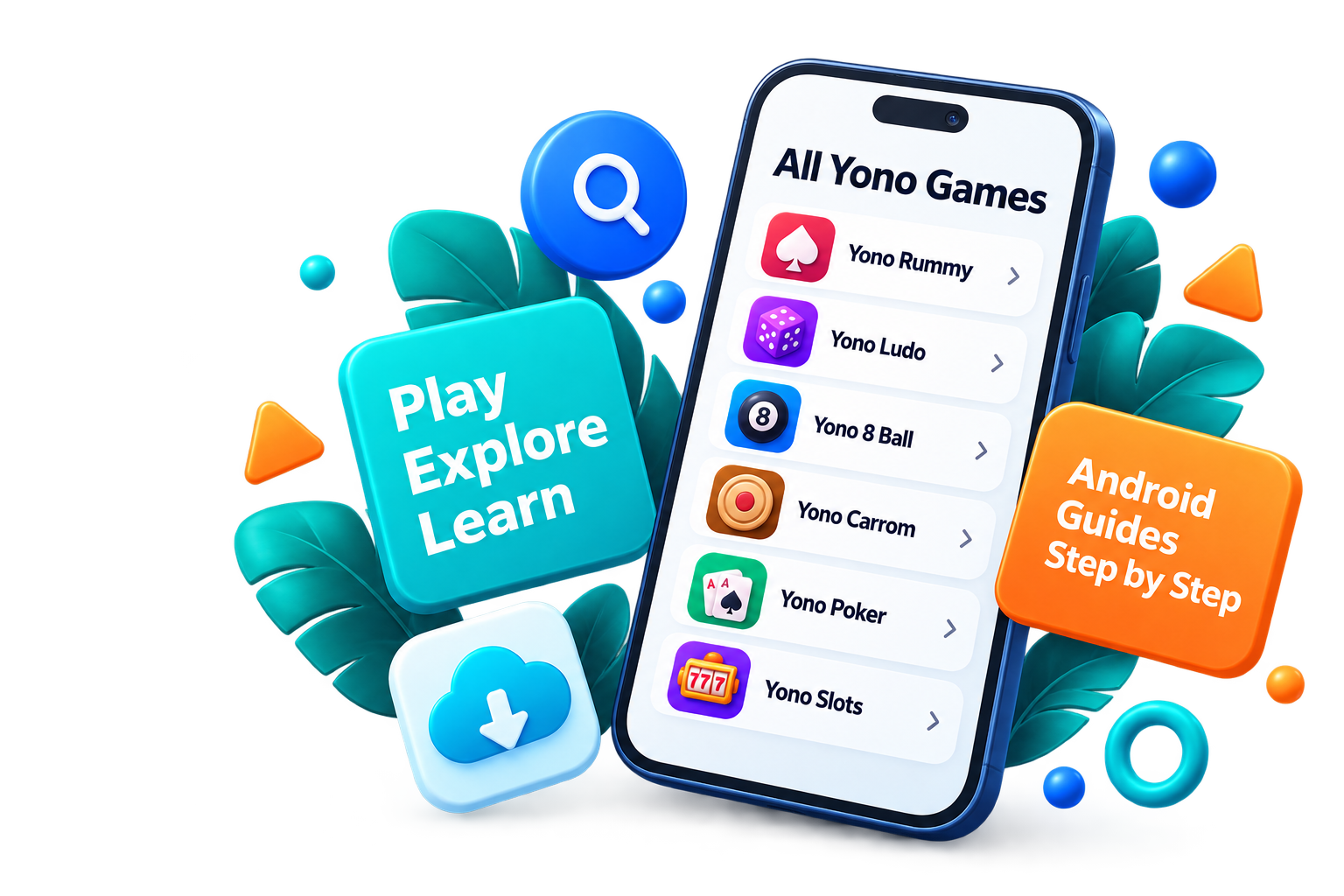 Phone showing the All Yono Games app directory with colorful guide cards